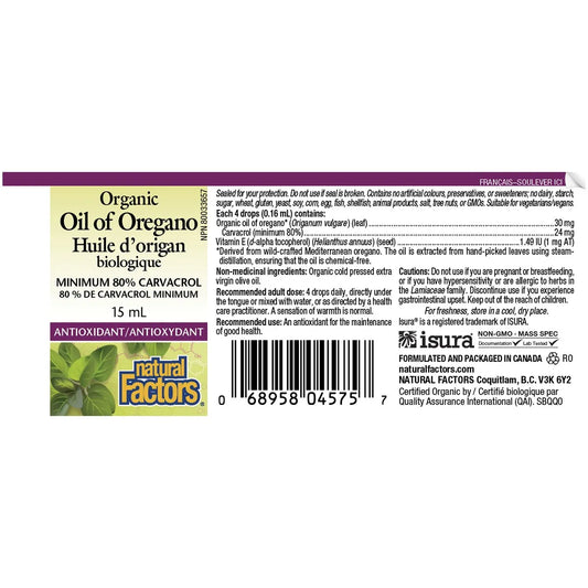 Natural Factors Huile d’origan biologique – 15 mL