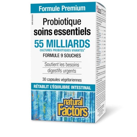 Bouteille de supplément Probiotiques Soins Essentiels de Natural Factors pour la santé digestive.