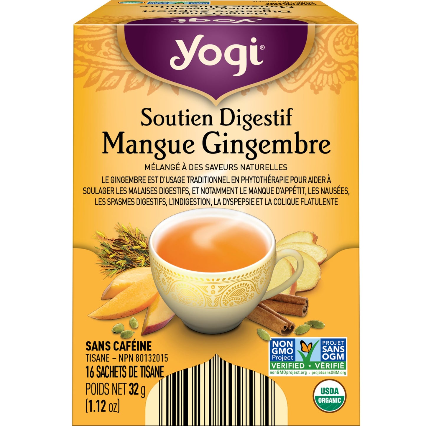 Boîte de 16 sachets de tisane Soutien Digestif Mangue Gingembre de Yogi Tea