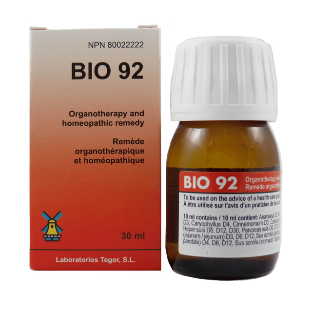 Flacon de 30 ml de gouttes homéopathiques Dr. Reckeweg BIO 92, complexe traditionnel allemand pour le soutien et l'équilibre du terrain.