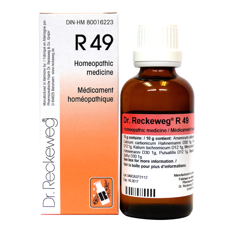 Flacon compte-gouttes de 22 ml du complexe homéopathique Dr. Reckeweg R49, remède de tradition allemande pour le soutien du confort respiratoire.