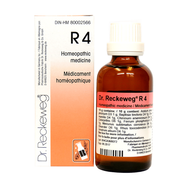 Flacon compte-gouttes de 22 ml du complexe homéopathique Dr. Reckeweg R4, remède de tradition allemande pour el soporte del confort intestinal.