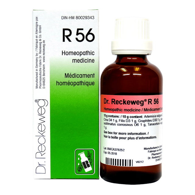 Flacon compte-gouttes de 22 ml du complexe homéopathique Dr. Reckeweg R56, remède de tradition allemande pour le soutien de l'équilibre intestinal.