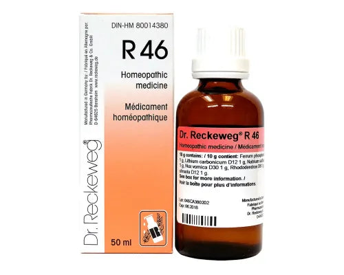 Flacon de 50ml de Dr. Reckeweg R46 Manurheum, gouttes homéopathiques pour le soulagement du rhumatisme et des douleurs articulaires.