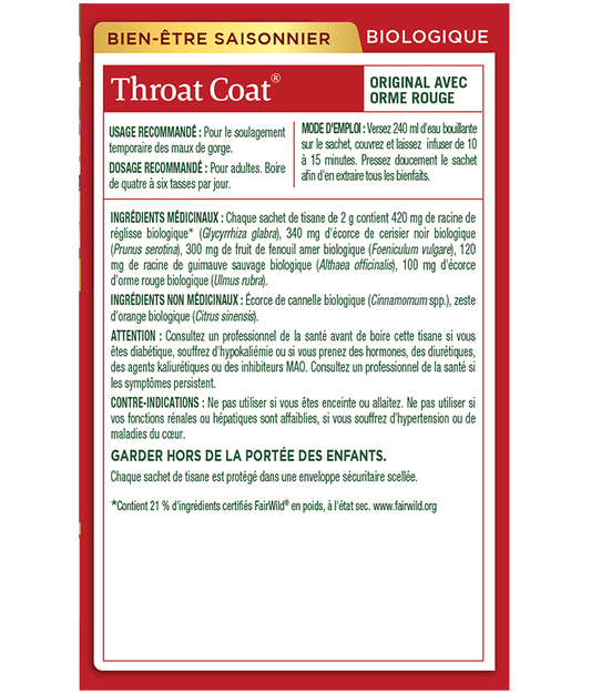Boîte de 16 sachets de tisane biologique Throat Coat de Traditional Medicinals pour les maux de gorge