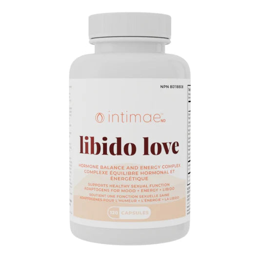 Bouteille de 120 capsules du supplément Libido Love de la marque Intimae pour le soutien hormonal et l'énergie féminine