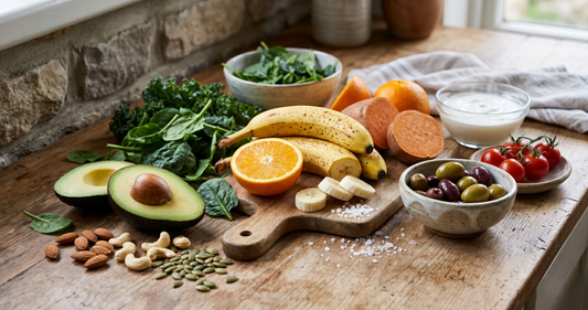 Sélection de 8 aliments riches en électrolytes pour l'hydratation en été, incluant avocats, pastèque, bananes et eau de coco