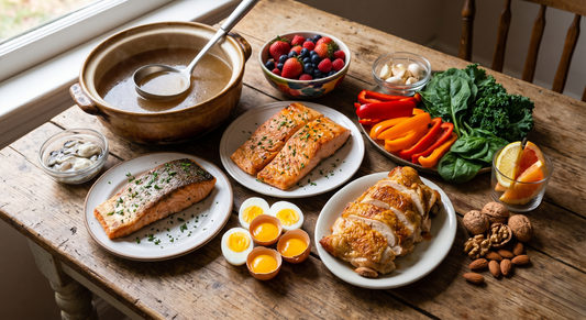 Table remplie d'aliments riches en collagène comme du saumon, du bouillon d'os et des légumes