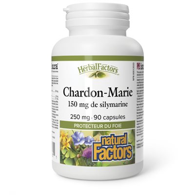 Bouteille de 90 capsules d'extrait de Chardon-Marie 250 mg de la marque Natural Factors pour le soutien du foie