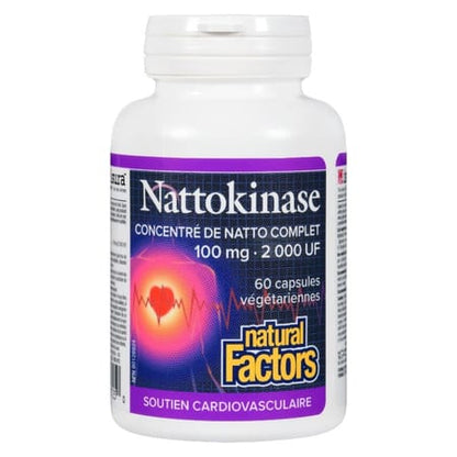Flacon de capsules de Nattokinase 100 mg de Natural Factors, supplément naturel pour le soutien circulatoire et cardiovasculaire.