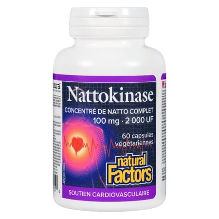 Flacon de capsules de Nattokinase 100 mg de Natural Factors, supplément naturel pour le soutien circulatoire et cardiovasculaire.