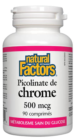 Flacon de capsules de Picolinate de Chrome de Natural Factors, supplément minéral essentiel pour le métabolisme et le soutien de la glycémie.