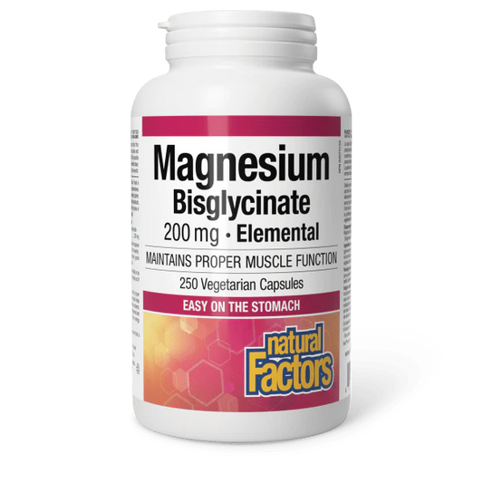 Bouteille de capsules végétariennes de Magnésium Bisglycinate Pur 200 mg de Natural Factors