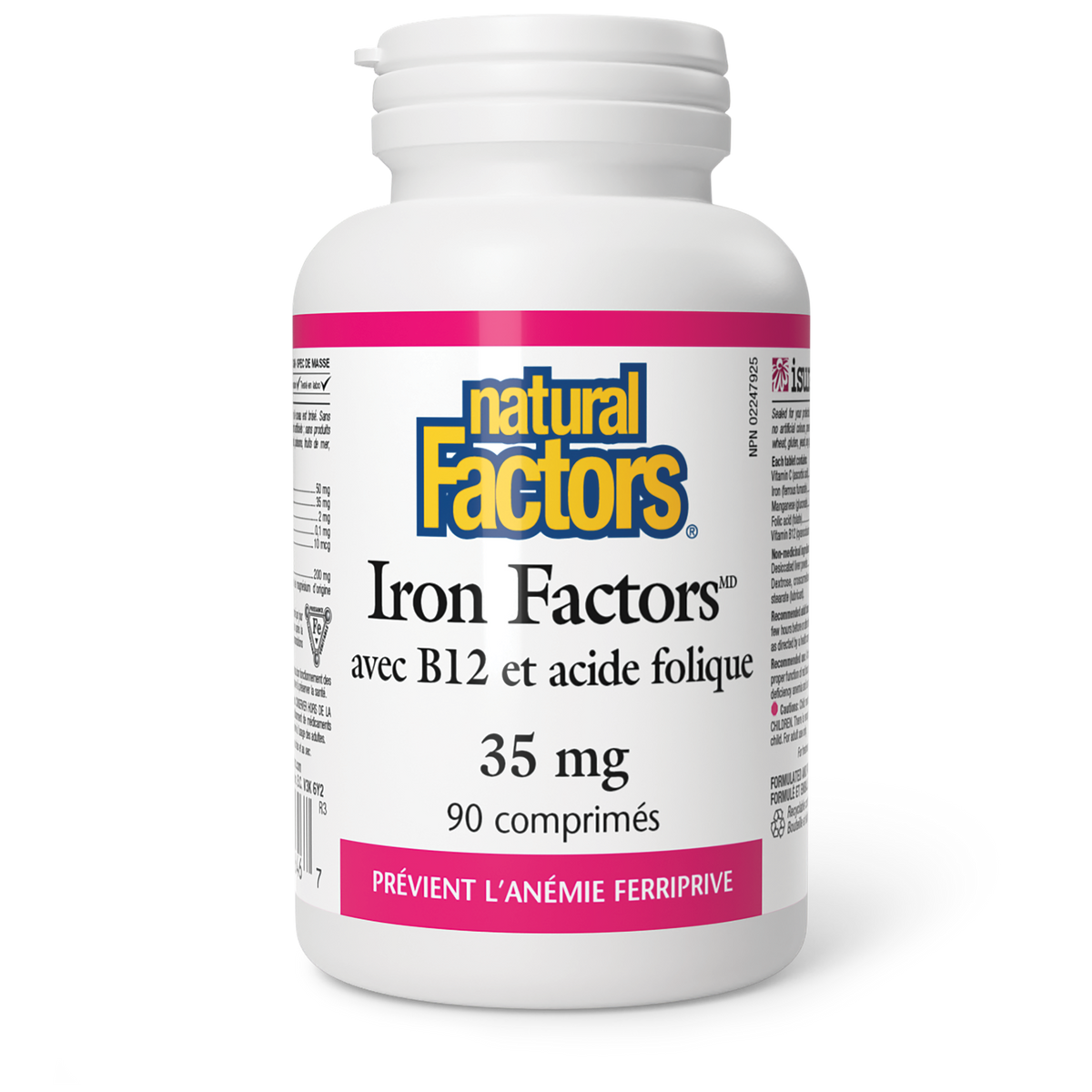 Contenant de supplément Iron Factors avec vitamines B12 et Acide Folique.