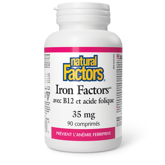 Contenant de supplément Iron Factors avec vitamines B12 et Acide Folique.