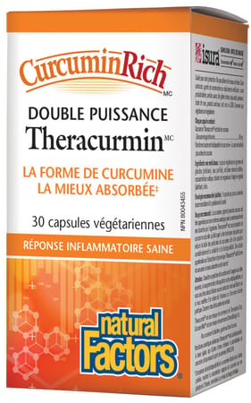 Flacon de 30 capsules végétariennes de CurcuminRich Theracurmin Double Puissance de Natural Factors, supplément hautement biodisponible pour le confort articulaire.