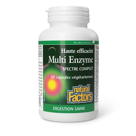 Flacon de capsules Multi-Enzymes Spectre Complet Haute Efficacité de Natural Factors, supplément naturel pour soutenir la digestion.
