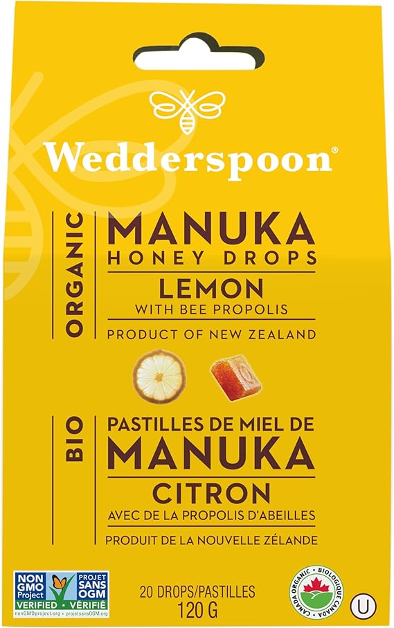 Organic Manuka Honey, Lemon, and Bee Propolis Drops, 20 Lozenges