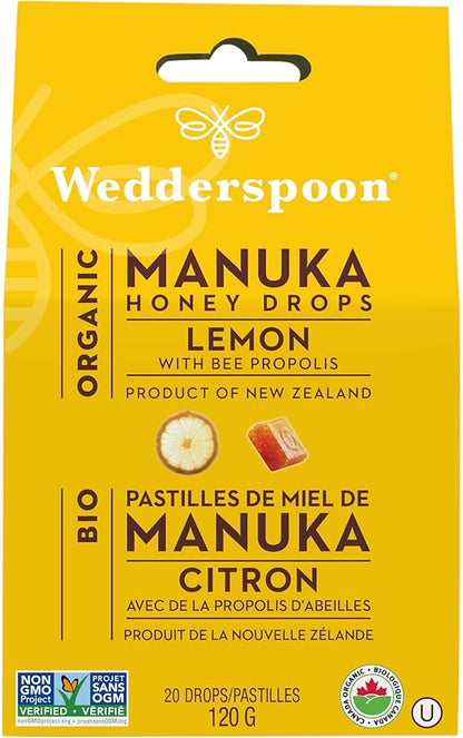 Organic Manuka Honey, Lemon, and Bee Propolis Drops, 20 Lozenges