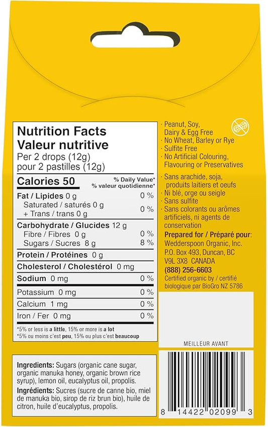 Gouttes de miel de Manuka bio, citron et propolis d'abeille, 20 Pastilles