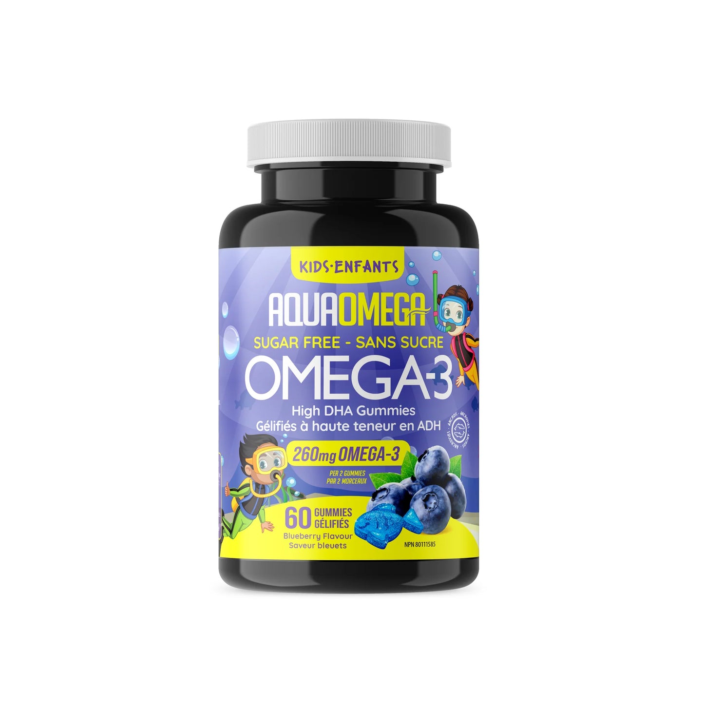 Bouteille de Gummies Oméga-3 à haute teneur en DHA d'AquaOmega pour le développement de la santé cérébrale des enfants.