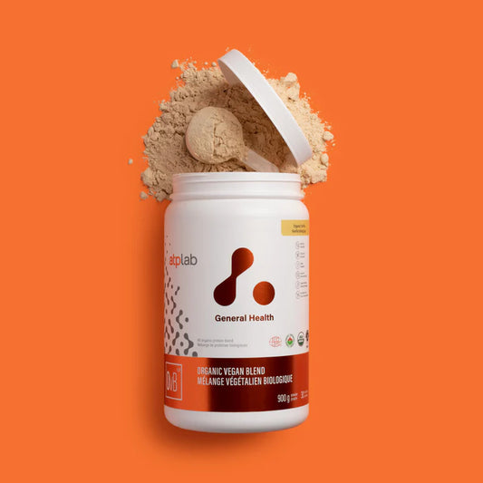 Conteneur de supplément de protéines Organic Vegan Blend de la marque ATP Lab, formule végétale et biologique pour la santé et le sport.