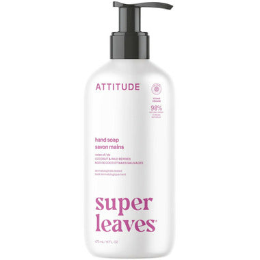 Flacon à pompe de Savon à Mains Naturel ATTITUDE Super leaves aux extraits de feuilles de citronnier, formule hypoallergénique.