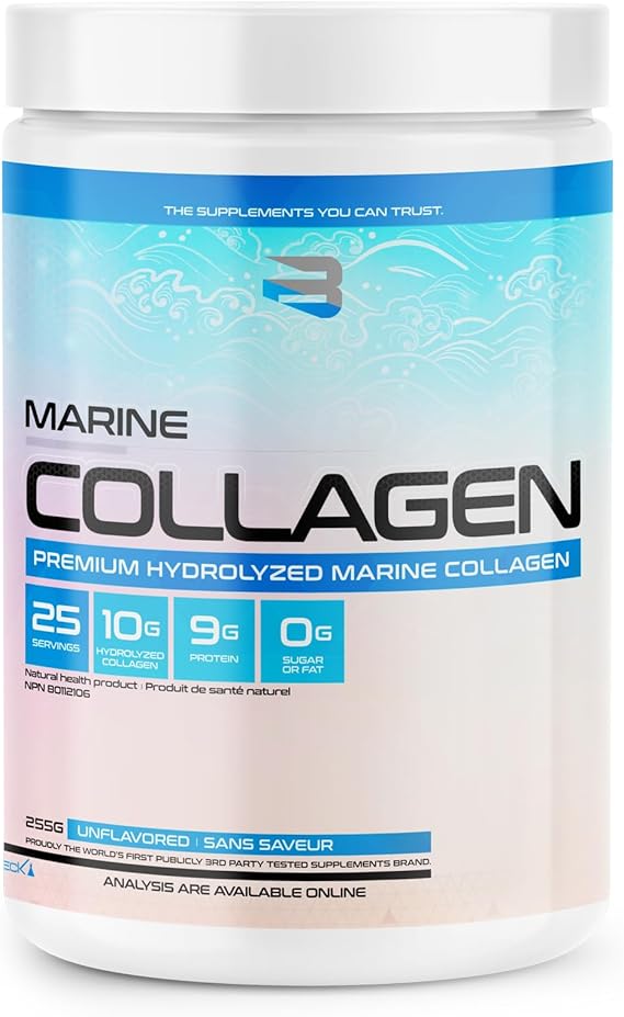 Contenant de Marine Collagen (collagène marin hydrolysé) de Believe Supplements, formule pure sans saveur pour la peau et les articulations.