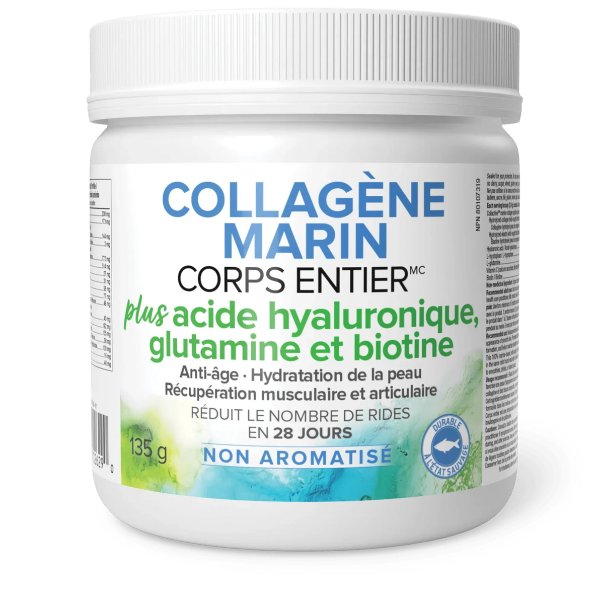 Contenant du complexe beauté Collagène Marin avec Acide Hyaluronique, L-Glutamine et Biotine.