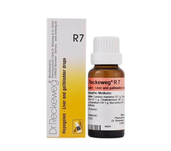 Bouteille en verre de 22 ml des gouttes R7 de Dr. Reckeweg pour le confort digestif.