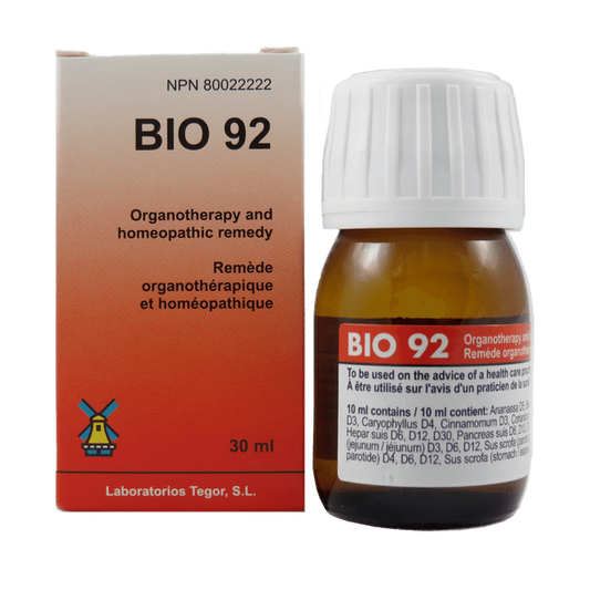 Flacon de 30 ml de gouttes homéopathiques Dr. Reckeweg BIO 92, complexe traditionnel allemand pour le soutien et l'équilibre du terrain.