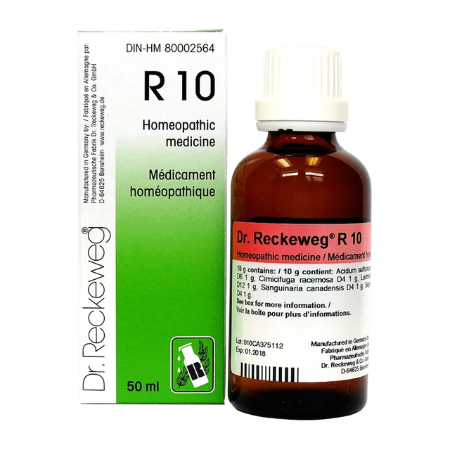 Flacon de 50ml de Dr. Reckeweg R10 Klimakteran, remède homéopathique pour le soulagement des symptômes de la ménopause.