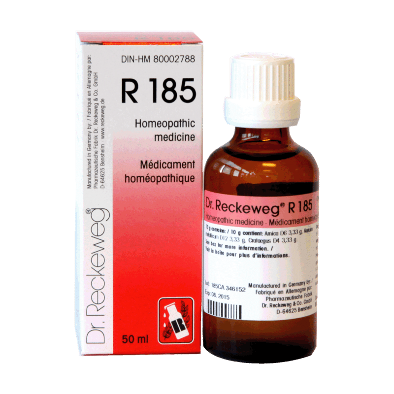 Flacon compte-gouttes de 50 ml du complexe homéopathique Dr. Reckeweg R185, remède naturel de fabrication allemande.