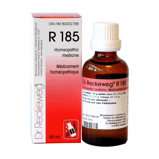 Flacon compte-gouttes de 50 ml du complexe homéopathique Dr. Reckeweg R185, remède naturel de fabrication allemande.