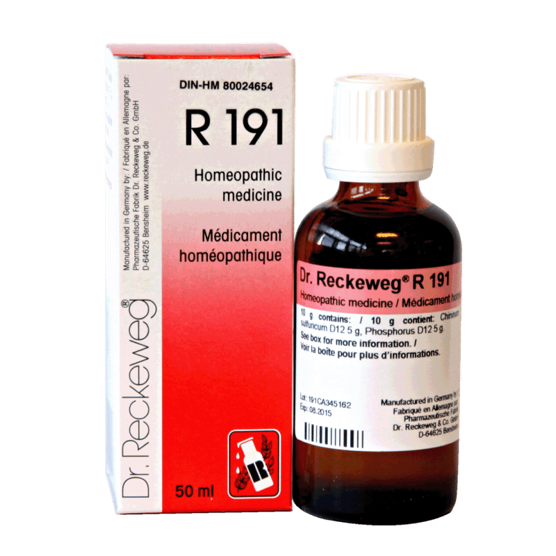 Flacon compte-gouttes de 50 ml du remède homéopathique Dr. Reckeweg R191, complexe de soutien capillaire fabriqué en Allemagne.