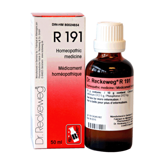 Flacon compte-gouttes de 50 ml du remède homéopathique Dr. Reckeweg R191, complexe de soutien capillaire fabriqué en Allemagne.