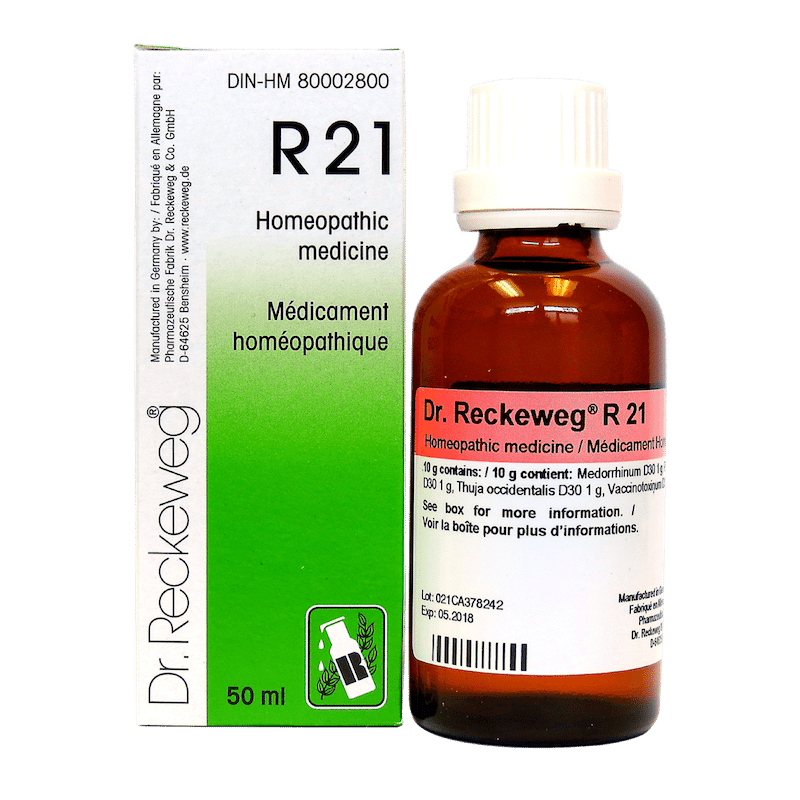 Bouteille de 50 ml de gouttes homéopathiques Dr. Reckeweg R21, complexe de reconstitution fabriqué en Allemagne.