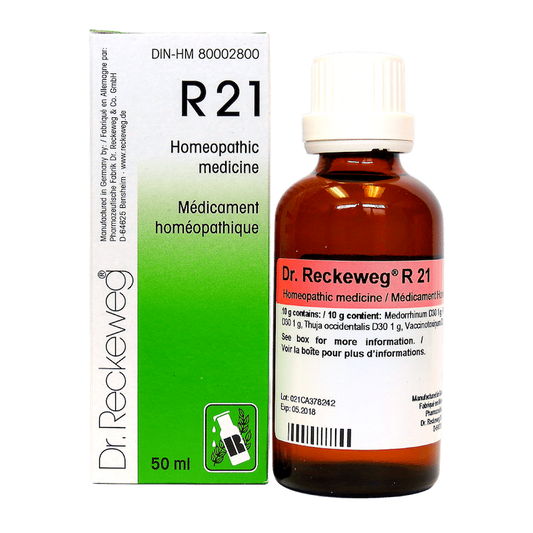 Bouteille de 50 ml de gouttes homéopathiques Dr. Reckeweg R21, complexe de reconstitution fabriqué en Allemagne.