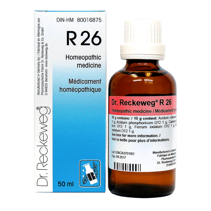 Flacon compte-gouttes de 50 ml du remède homéopathique Dr. Reckeweg R26, complexe stimulant fabriqué en Allemagne.