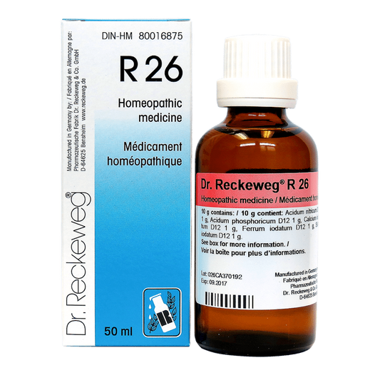 Flacon compte-gouttes de 50 ml du remède homéopathique Dr. Reckeweg R26, complexe stimulant fabriqué en Allemagne.