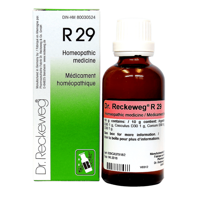 Flacon compte-gouttes de 22 ml du complexe homéopathique Dr. Reckeweg R29, remède traditionnel pour le confort de mouvement fabriqué en Allemagne.