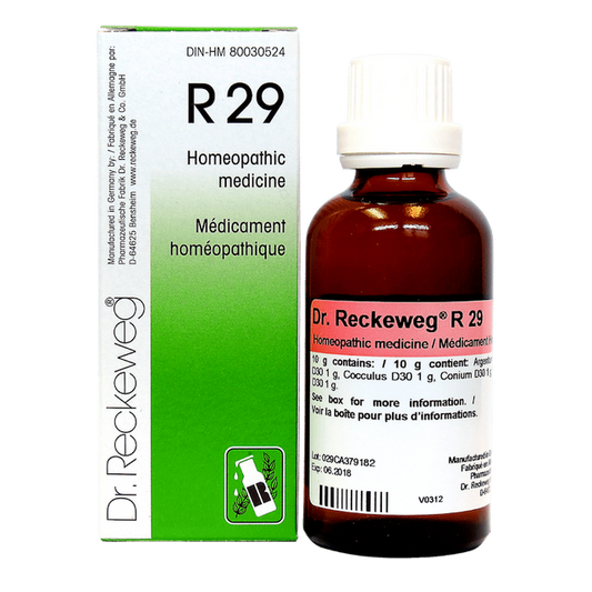 Flacon compte-gouttes de 22 ml du complexe homéopathique Dr. Reckeweg R29, remède traditionnel pour le confort de mouvement fabriqué en Allemagne.