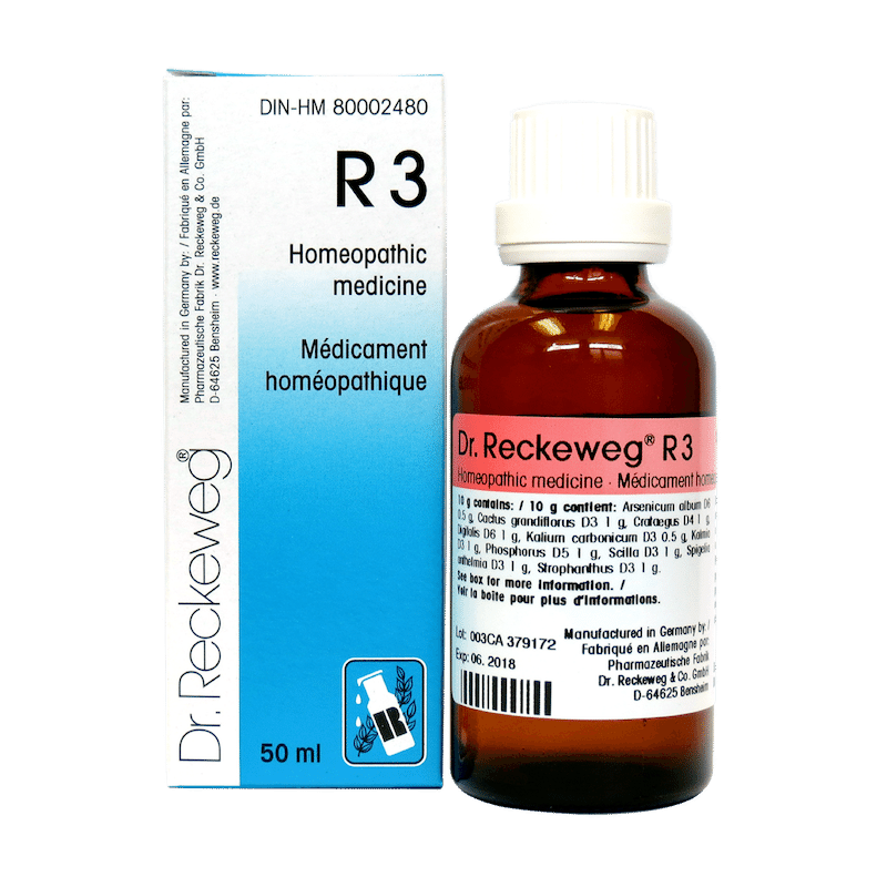Flacon compte-gouttes de 50 ml du remède homéopathique Dr. Reckeweg R3, complexe traditionnel de fabrication allemande.