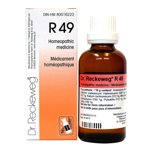 Flacon compte-gouttes de 22 ml du complexe homéopathique Dr. Reckeweg R49, remède de tradition allemande pour le soutien du confort respiratoire.