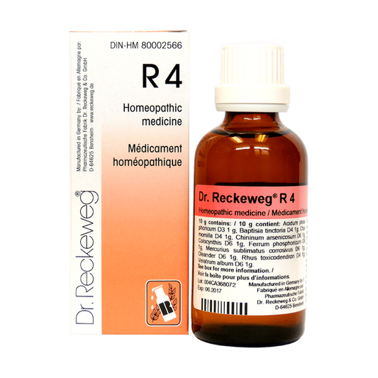 Flacon compte-gouttes de 22 ml du complexe homéopathique Dr. Reckeweg R4, remède de tradition allemande pour el soporte del confort intestinal.