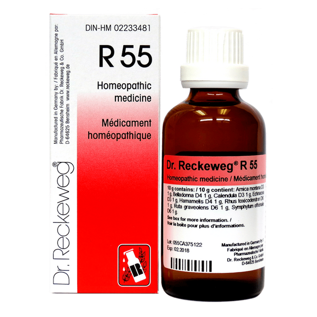 Flacon compte-gouttes de 22 ml du complexe homéopathique Dr. Reckeweg R55, remède traditionnel pour le soutien et la vitalité des tissus fabriqué en Allemagne.
