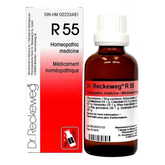 Flacon compte-gouttes de 22 ml du complexe homéopathique Dr. Reckeweg R55, remède traditionnel pour le soutien et la vitalité des tissus fabriqué en Allemagne.