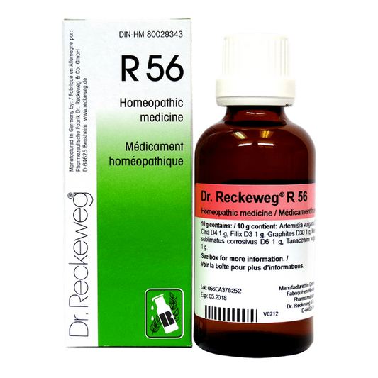 Flacon compte-gouttes de 22 ml du complexe homéopathique Dr. Reckeweg R56, remède de tradition allemande pour le soutien de l'équilibre intestinal.