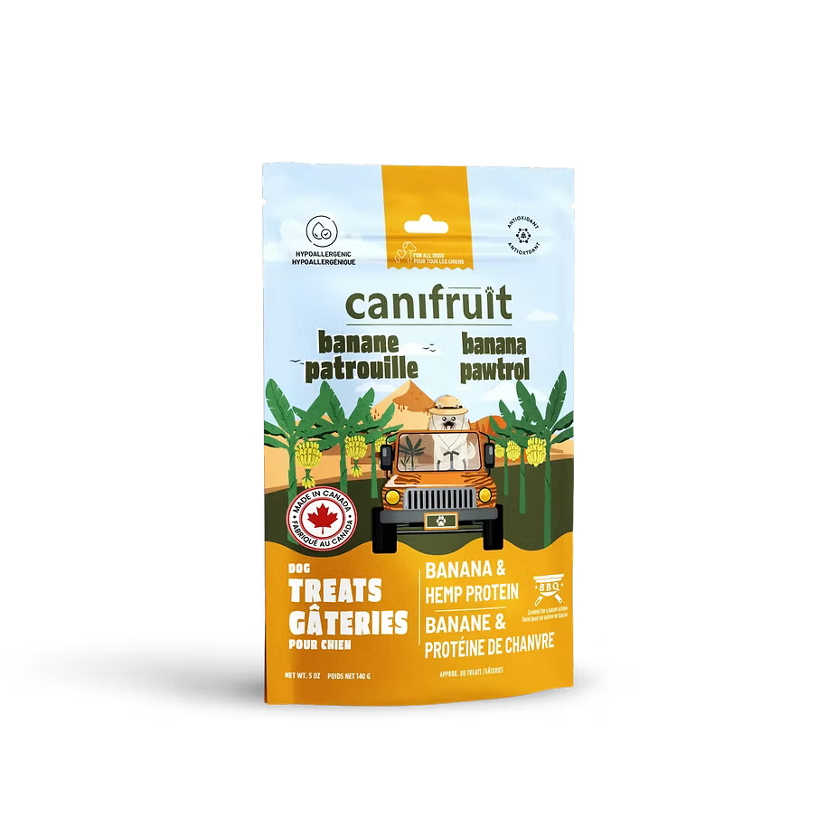 Gâteries naturelles pour chiens au chanvre avec banane, pomme et bleuets