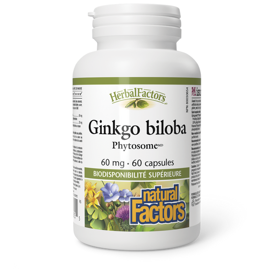 Bouteille de supplément botanique Ginkgo Biloba (60 capsules).
